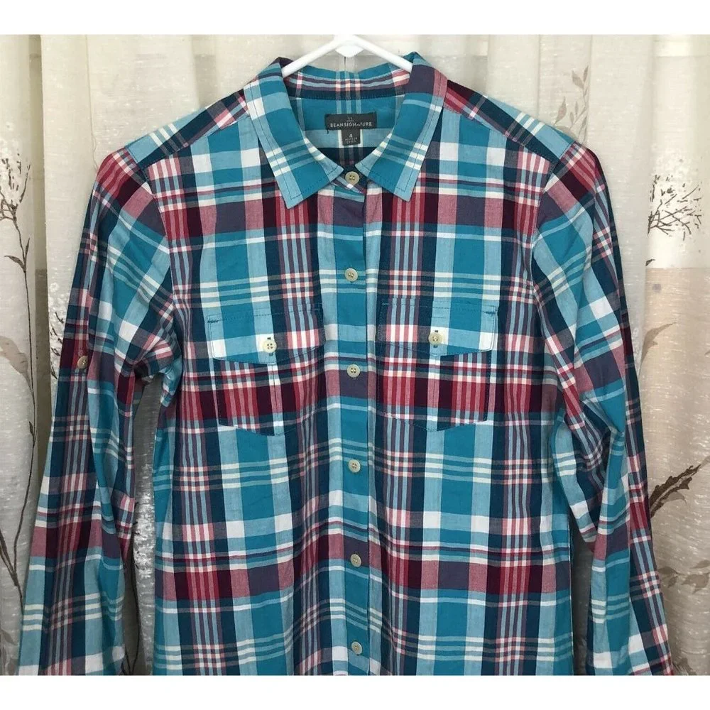 LL Bean Signature Shirtdress size 4 Blue Pink Plaid Cotton - Picture 2 of 8
